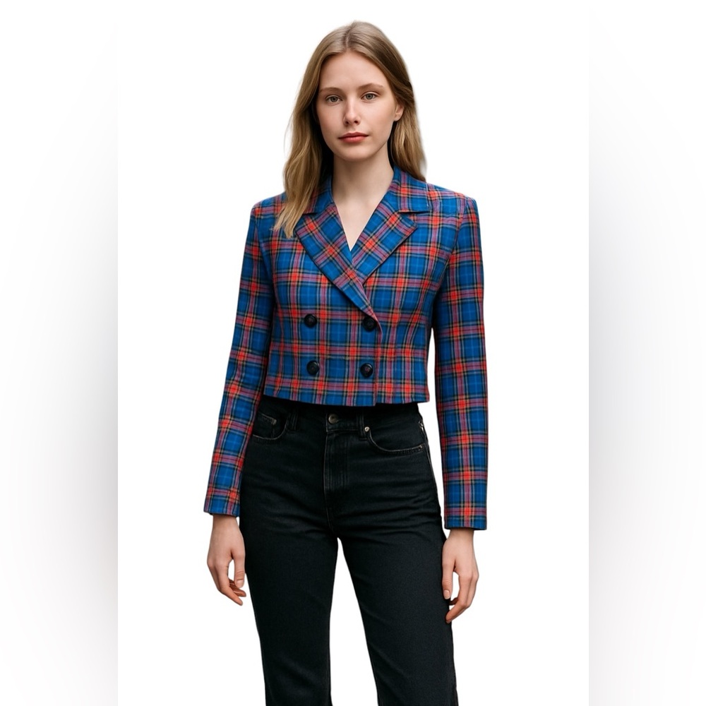 Mistress Rocks Stylish Blue and Red Plaid Women's Blazer